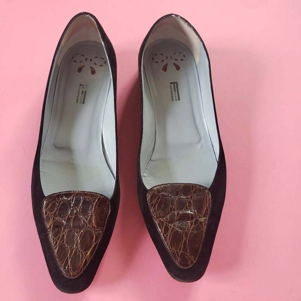 Franco Fieramosca Women’s Suede Croc Embossed Pointed Toe Flat